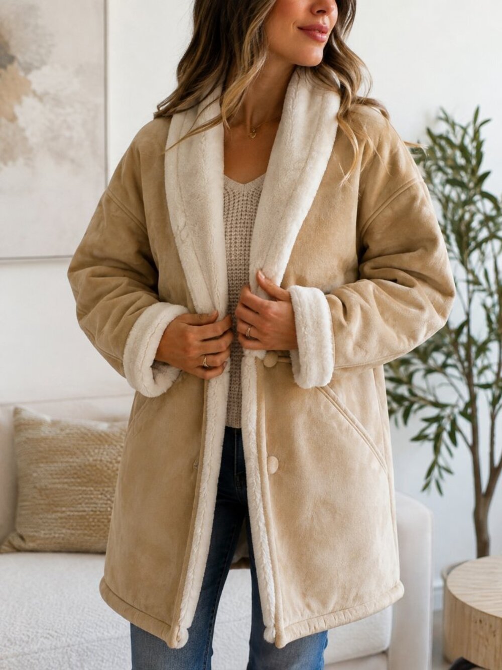 Vintage 90s Spiegel Suede Leather Faux Shearling Coat Tan Women's M Mint